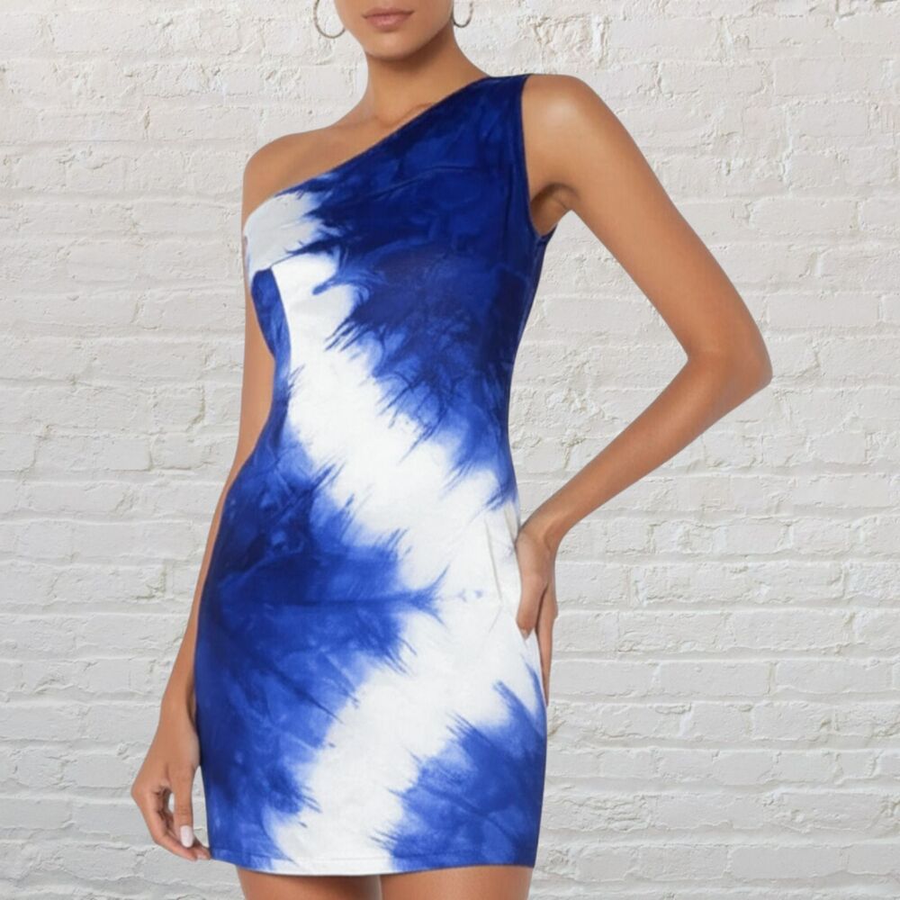 Lauren Pierce Atelier One Shoulder Mini Dress S Blue Tie Dye Silk Lined USA